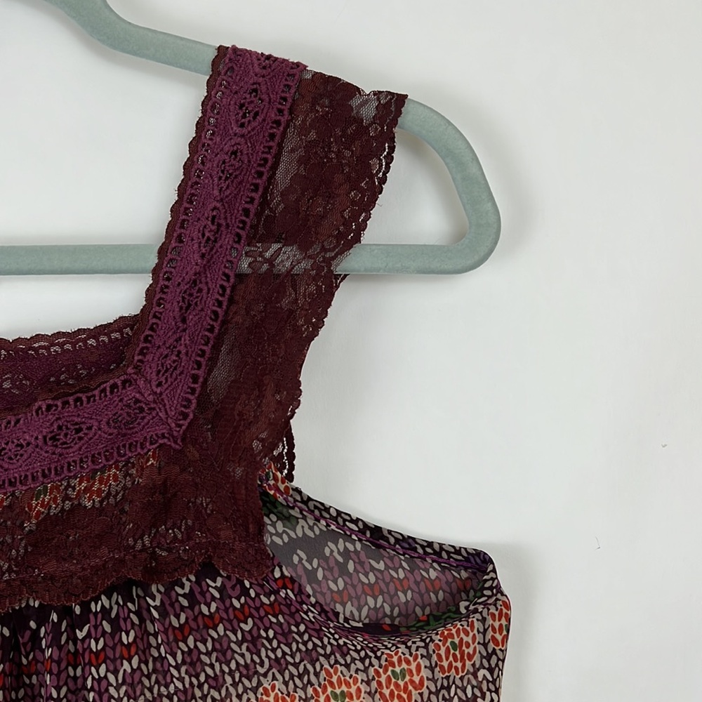 H.I.P. Sleeveless blouse lacey straps burgundy floral design L - Picture 5 of 8